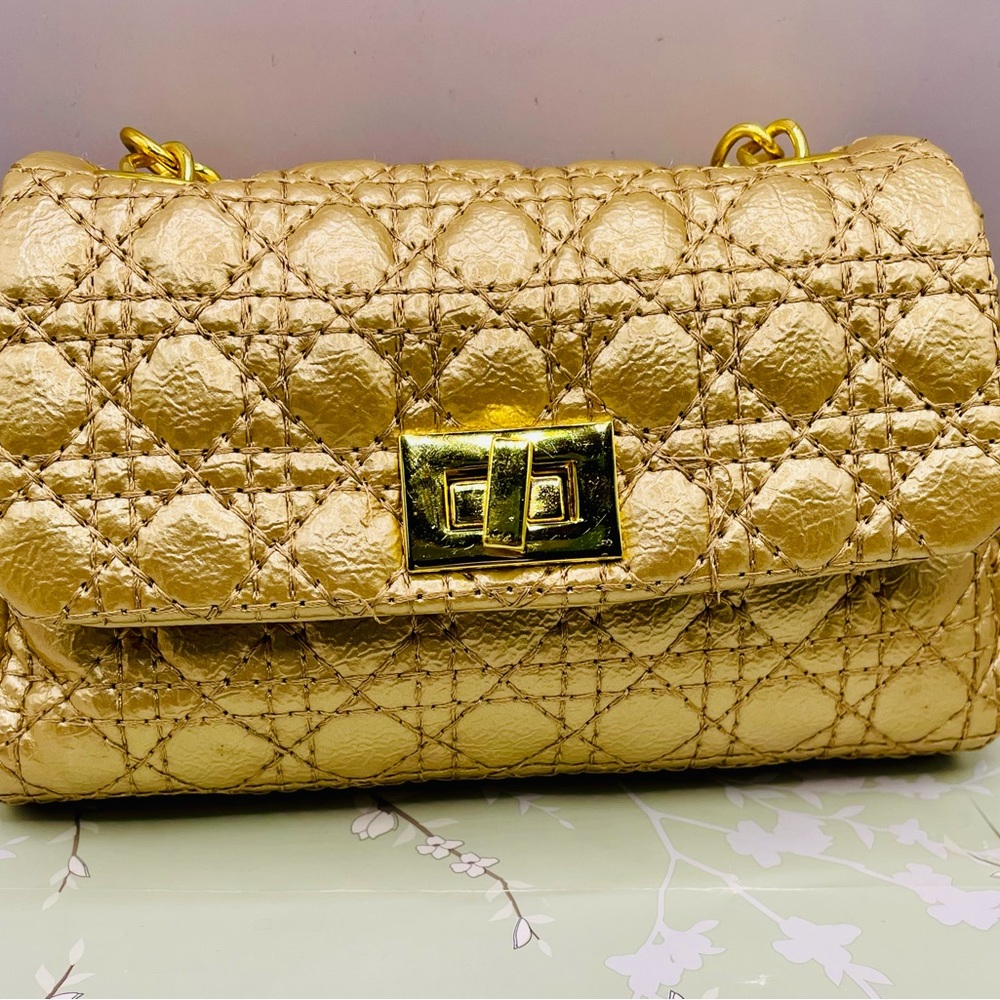 Metallic Gold Quilted Mini Purse with Chain Strap. Metal Turn Lock Closure